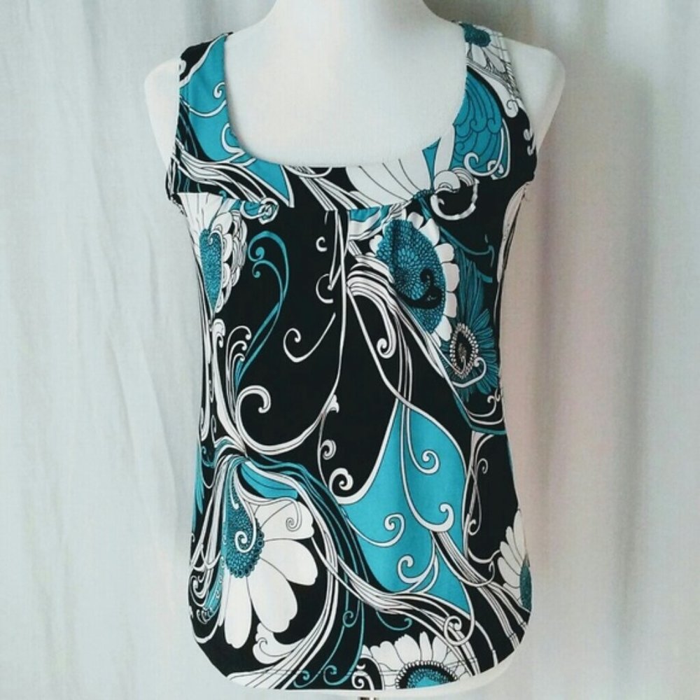 Claudia Richard Floral Paisley Tank Top Black White Turquoise  SZ S